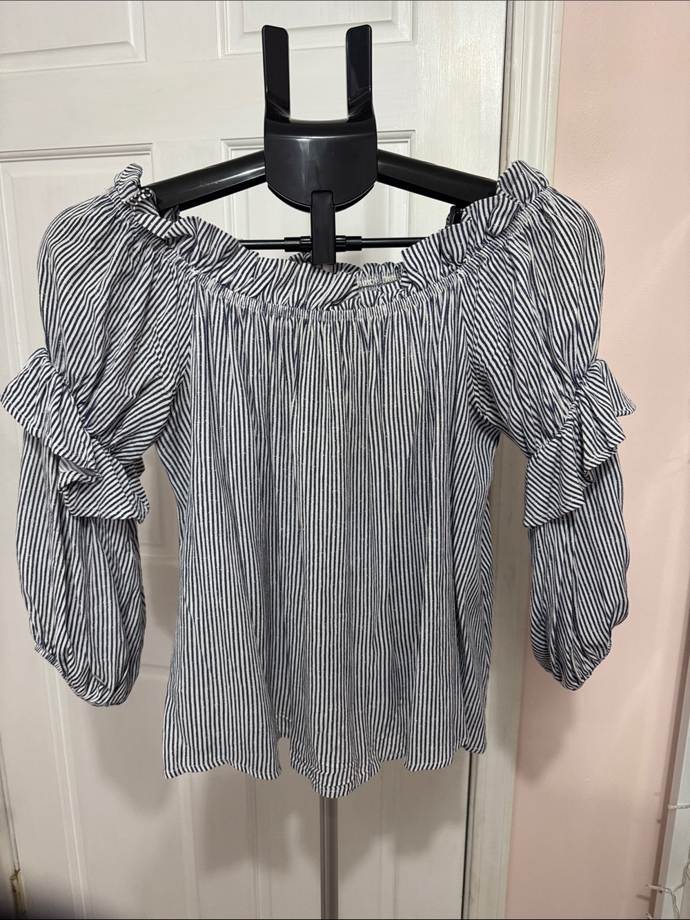 Sage Navy  and White Striped Off-Shoulder Blouse